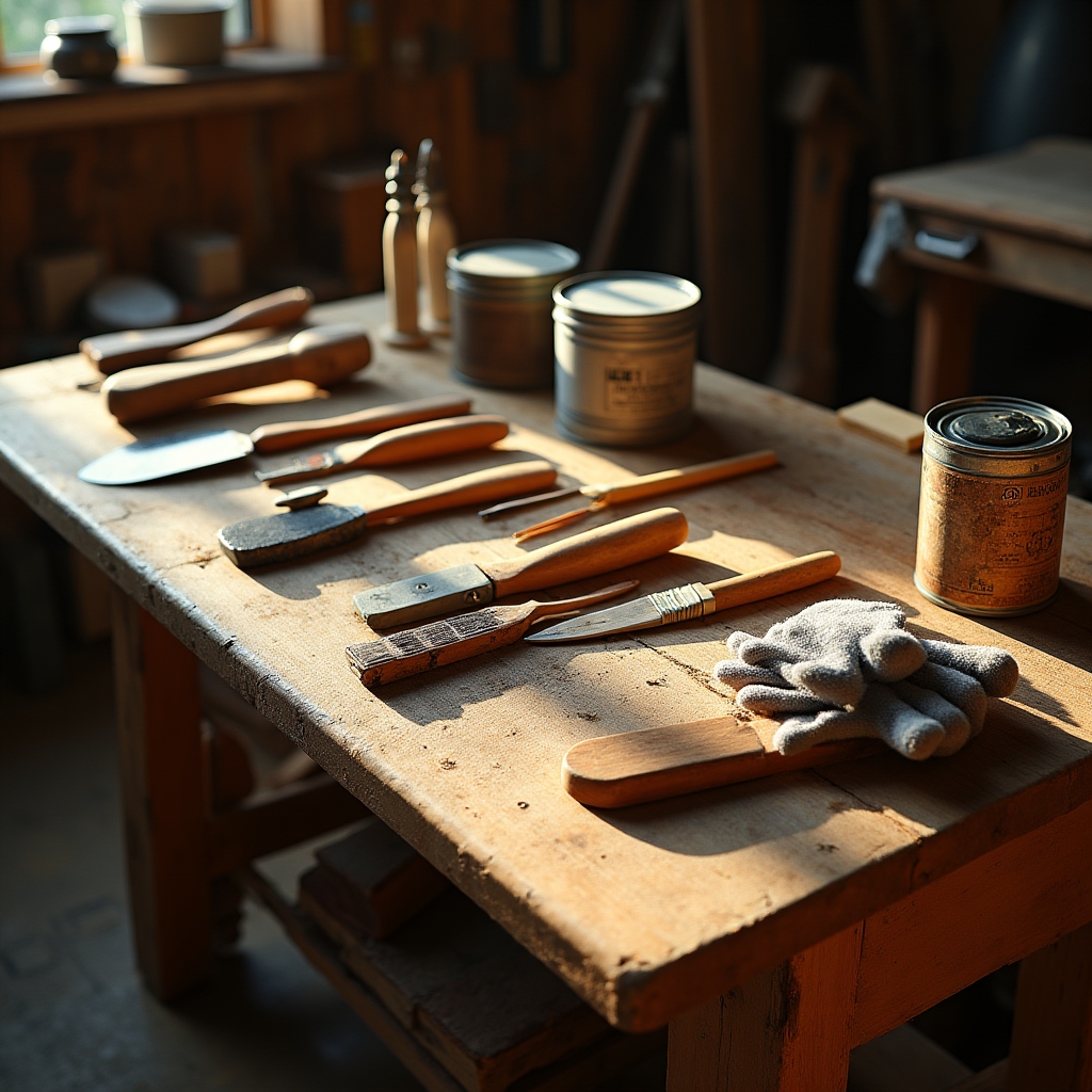 Strumenti da restauro su banco di lavoro